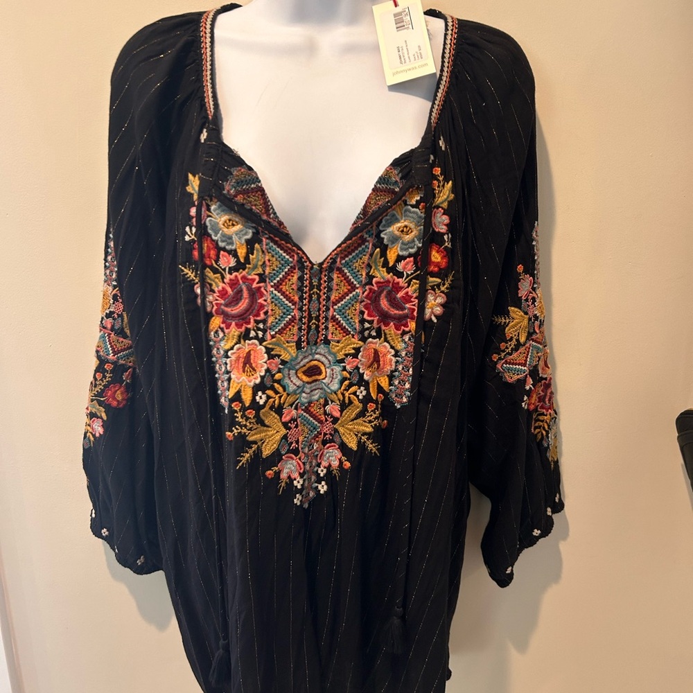 Johnny Was Clansy Metallica Stripe Embroidered Peasant Blouse in Lisbon Stripe